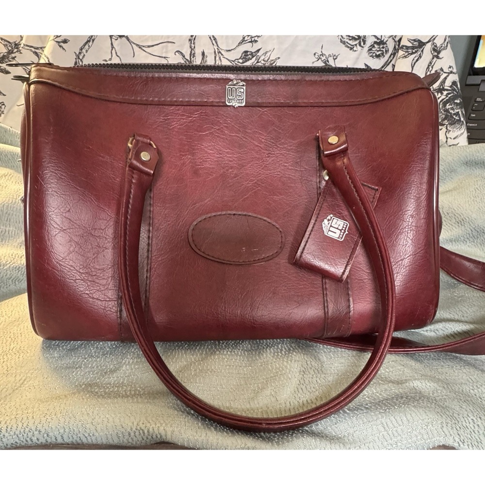 US Luggage Vintage Red Leather Boston Bag Seville Francesca Handles Strap Zip